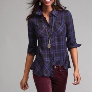 Cabi #3431 Ruffle plaid button front shirt